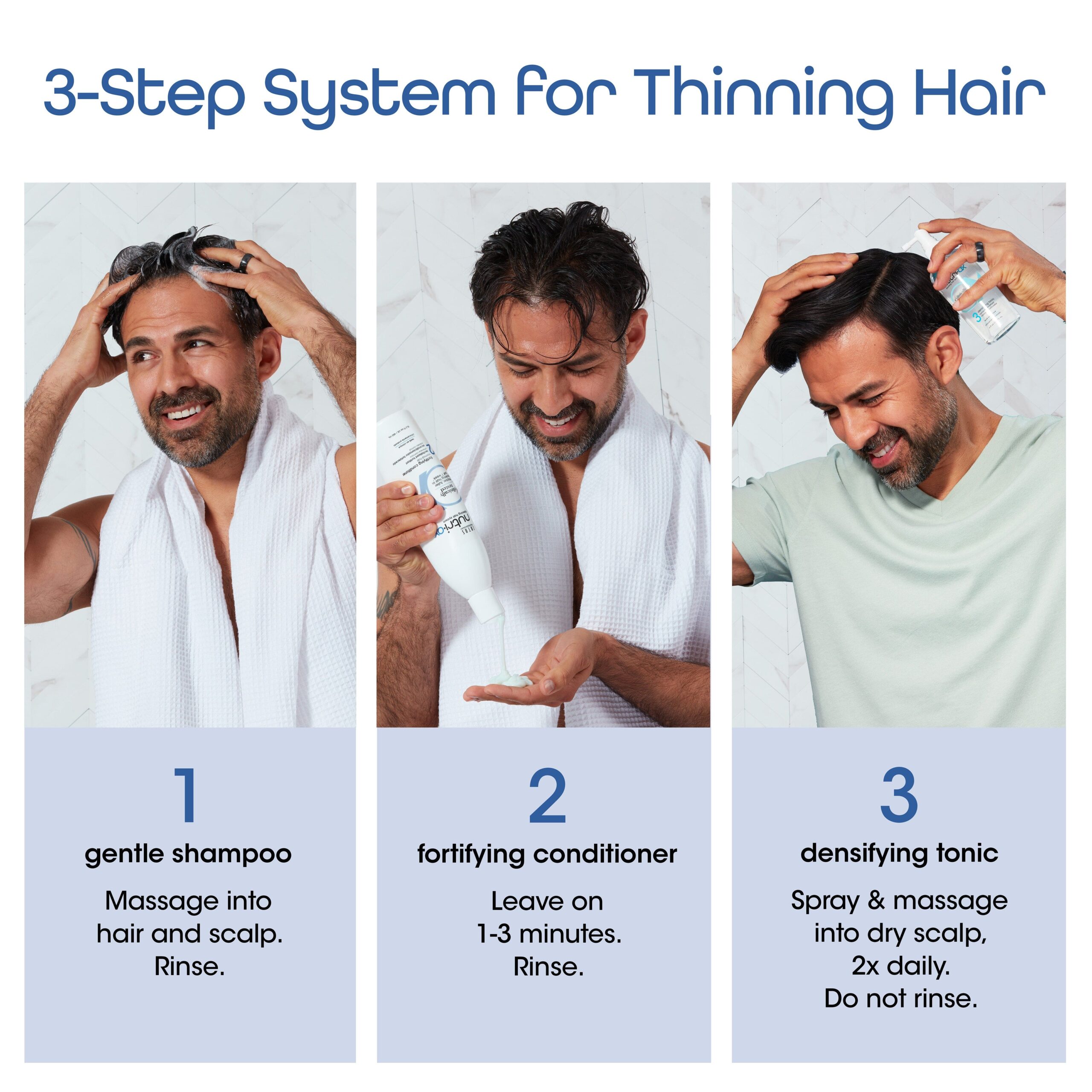 Step by step how to. Use the gentle shampoo and rinse, leave on conditioner for 1-3 minutes and rinse, then spray the densifying tonic onto dry scalp and massage 2x a day, do not rinse the tonic out.